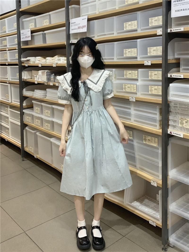 DIYIWEI Ngày hệ ngọt ngào dễ thương đại học gió búp bê cổ ngắn tay áo đầm mùa hè nhỏ giảm tuổi váy chữ a rộng thùng thình(@5