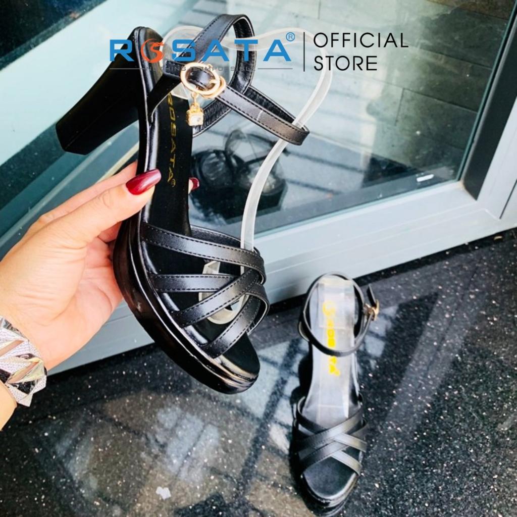 Giày sandal cao gót nữ ROSATA RO387 xỏ ngón mũi tròn phối dây mảnh quai hậu cài khóa gót cao 8cm xuất xứ Việt Nam