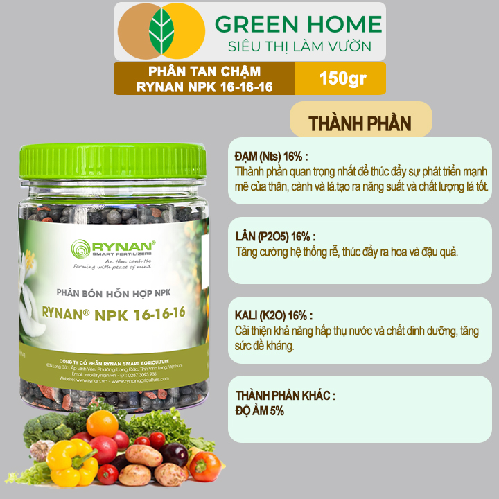Phân Tan Chậm GreenHome, Rynan NPK 16-16-16, Hũ 150gr, Dùng Cho Cây Có Múi Khỏe Bền Tán Xanh Rễ Mạnh