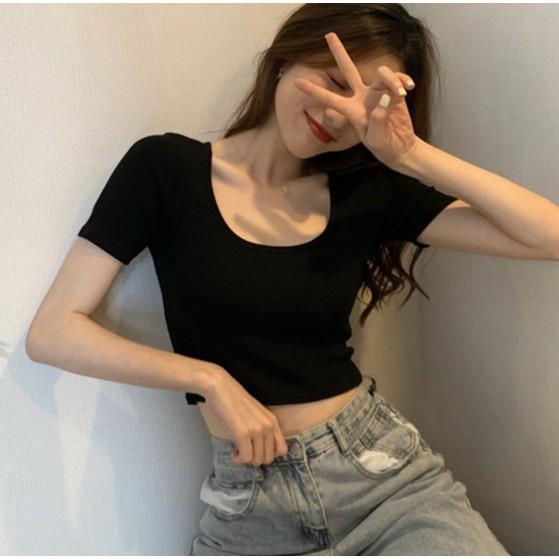 Áo croptop cổ vuông Basic, chất thun xịn Forever 21 co giãn 4 chiều thoải mái, cổ chữ U áo kiểu nữ trơn CRON 5