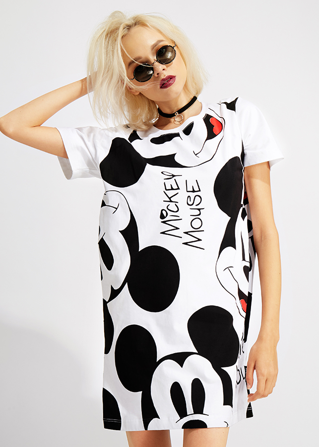 Đầm Thun Form Suông Mickey Face - Trắng
