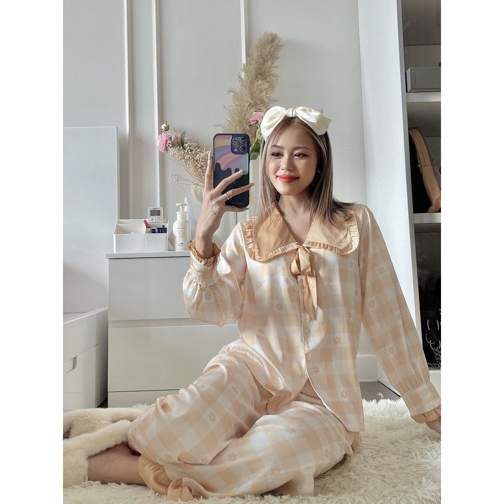 Bộ Lụa Dài Tay Dài Bèo Nơ Họa Tiết Mặc Nhà