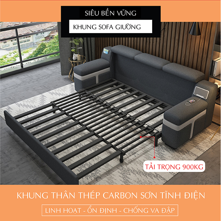 Giường Sofa Cao Cấp , Ghế Sofa Vải Lanh Mịn Có Loa Nghe Nhạc ,Toàn Bộ Khung Băng Sắt Sơn Tĩnh Điện KT Rộng180cm Dài200cm