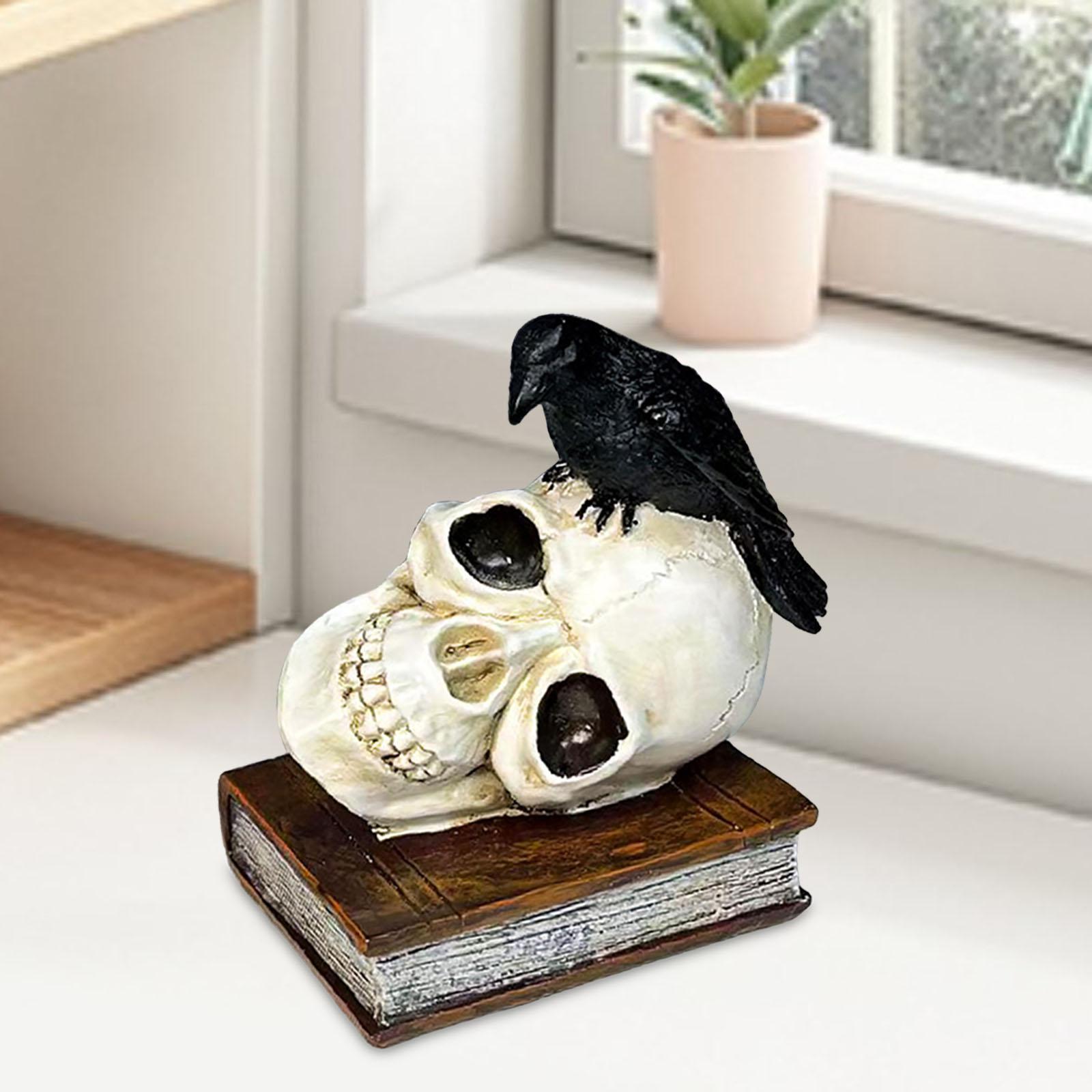 Perched Raven on Skull and Book Statue Ornament for Halloween Desktop Coffee