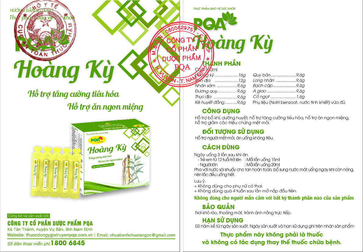 Hoàng Kỳ PQA Giúp Bổ Tỳ, Ích Khí, Tăng Cường Tiêu Hóa, Giảm Mệt Mỏi Và Giúp Ăn Ngon Miệng Hộp 10 Ống