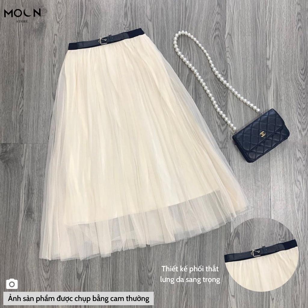Chân váy dập lưới phối thắt lưng da sang trọng dễ phối đồ 3 lớp dày dặn đầm công sở nữ MCV334 MOON STORE