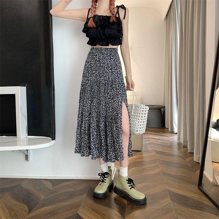 DONGSHOP Cao cấp hoa xẻ tà nửa người váy mùa xuân và mùa hè 2023 Vintage thả cảm thấy gầy váy xếp li một chữ dài váy