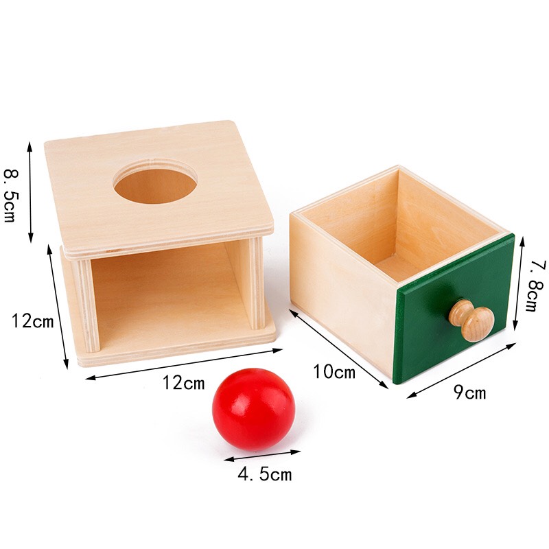 Đồ chơi giáo cụ Montessori cho bé 0-3 tuổi. Hộp Thả Đồng Xu và thả bóng Montessori. Kích thước 12x12cm