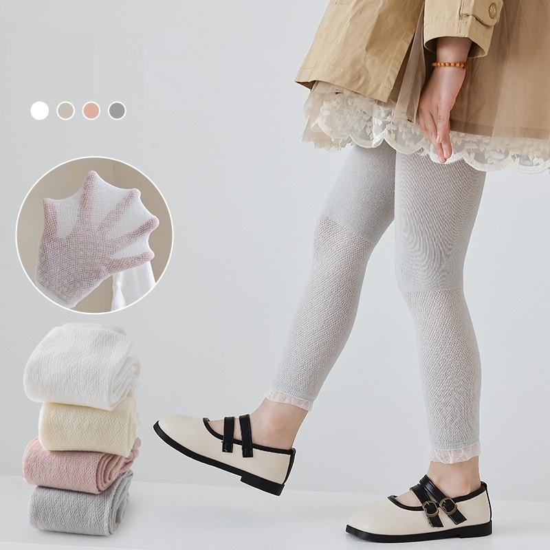 Quần tất không bàn cho bé gái, quần legging lưới mỏng, co giãn 4 chiều đính nhiều họa tiết size từ 1 đến 10 tuổi - Trắng - nơ