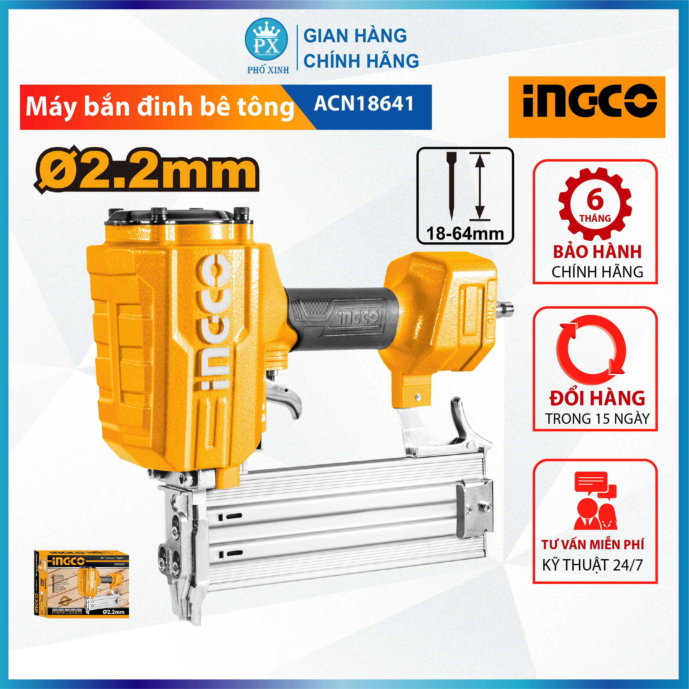 Máy bắn đinh bê tông dùng khí nén INGCO ACN18641 khả năng tải 70 pcs, kích thước đinh 18-64mm