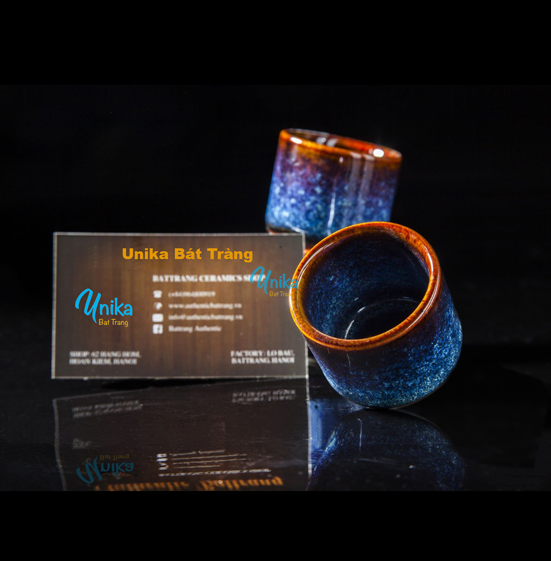 Set sake cao đĩa tròn hoa men xanh hỏa biến - Bộ sake gốm Unika Bát Tràng