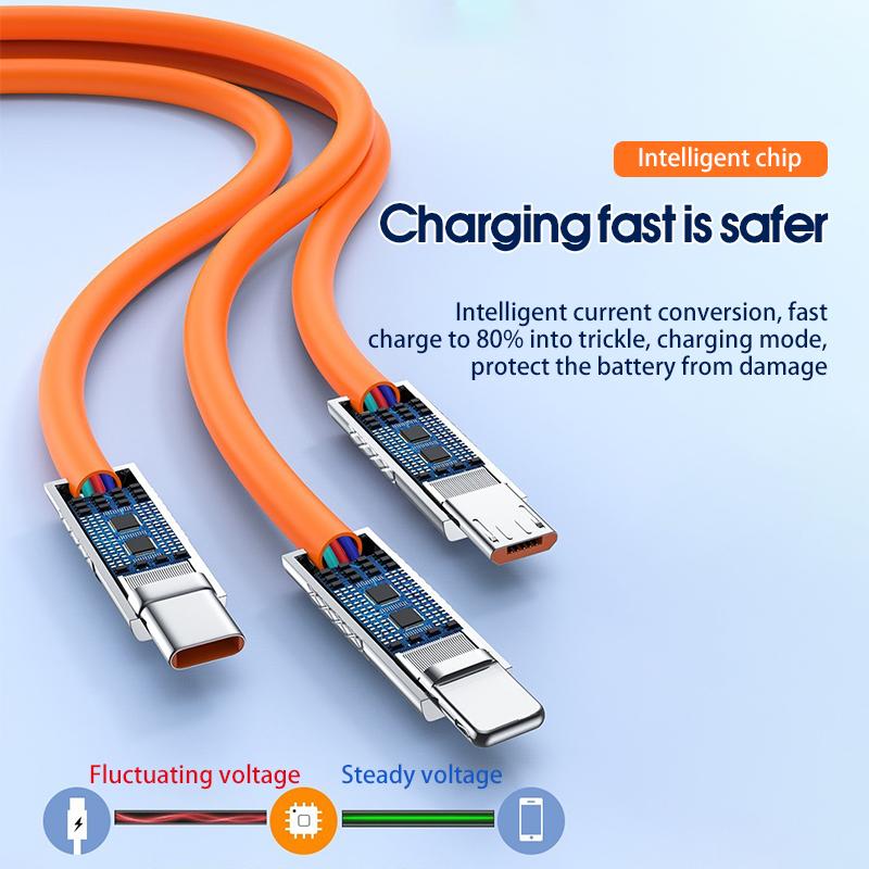 Cáp Sạc Nhanh 3 Đầu 120w Hỗ Trợ Sạc Cổng Type C/IP/Micro Cáp Sạc Nhanh 3 Trong 1 Bằng Silicone Và Hợp Kim Kẽm