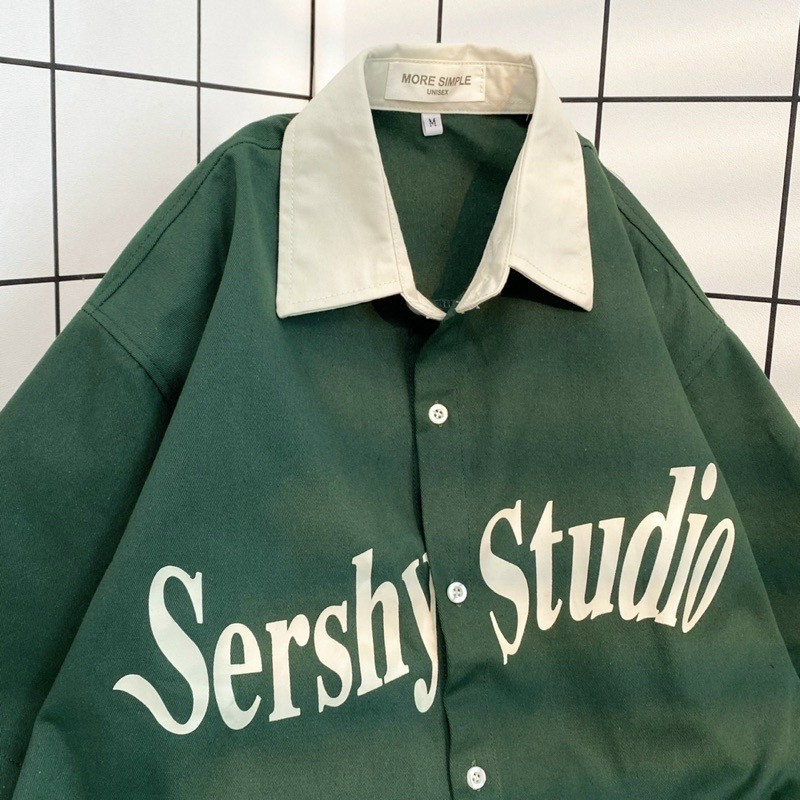 Áo khoác sơ mi kaki quốc dân CỔ BẺ logo in Sershy Studio có 2 màu xanh đen form rộng, form đẹp, áo flanl