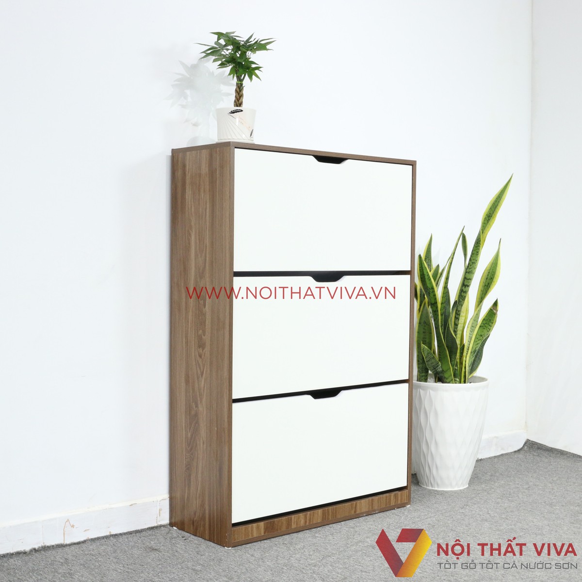 Tủ Giày Thông Minh Gỗ Công Nghiệp Màu Óc Chó 3 Tầng Cánh Trắng Gọn Đẹp