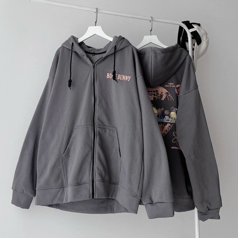 Áo khoác form rộng BUGS unisex, áo khoác phong cách trẻ trung ảnh thật, Áo Khoác Nỉ Zip Kéo BUNNY , Áo khoác chống nắng in chữ có mũ họa tiết bữa tiệc Bugs