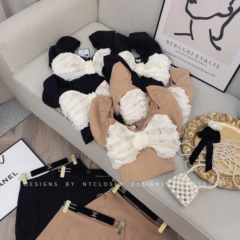 Set áo nơ hoa nổi mix chân váy A nt closet