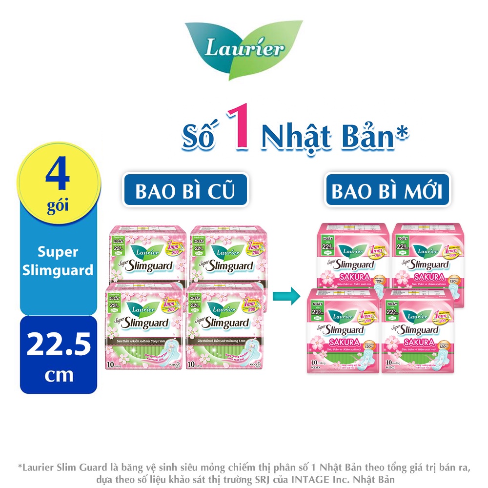 Combo 4 gói BVS Laurier siêu mỏng bảo vệ 1mm Hương Anh Đào 22.5 cm 10 miếng