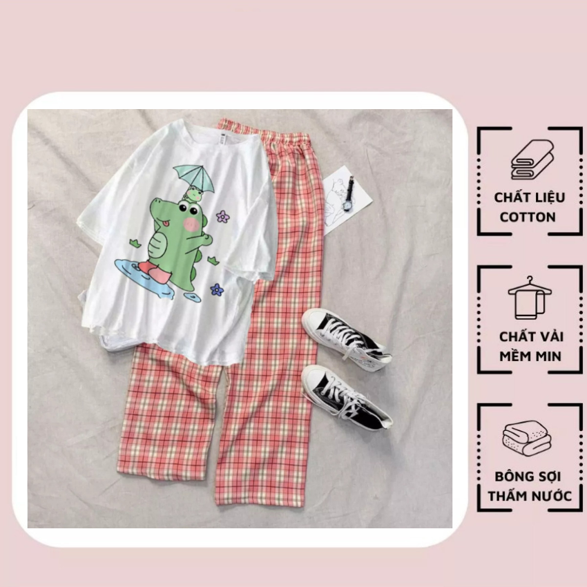 Sét Bộ Nữ SS21, Sét Đồ Nữ Đi Chơi Đẹp In Khủng Long Xanh Cầm Ô