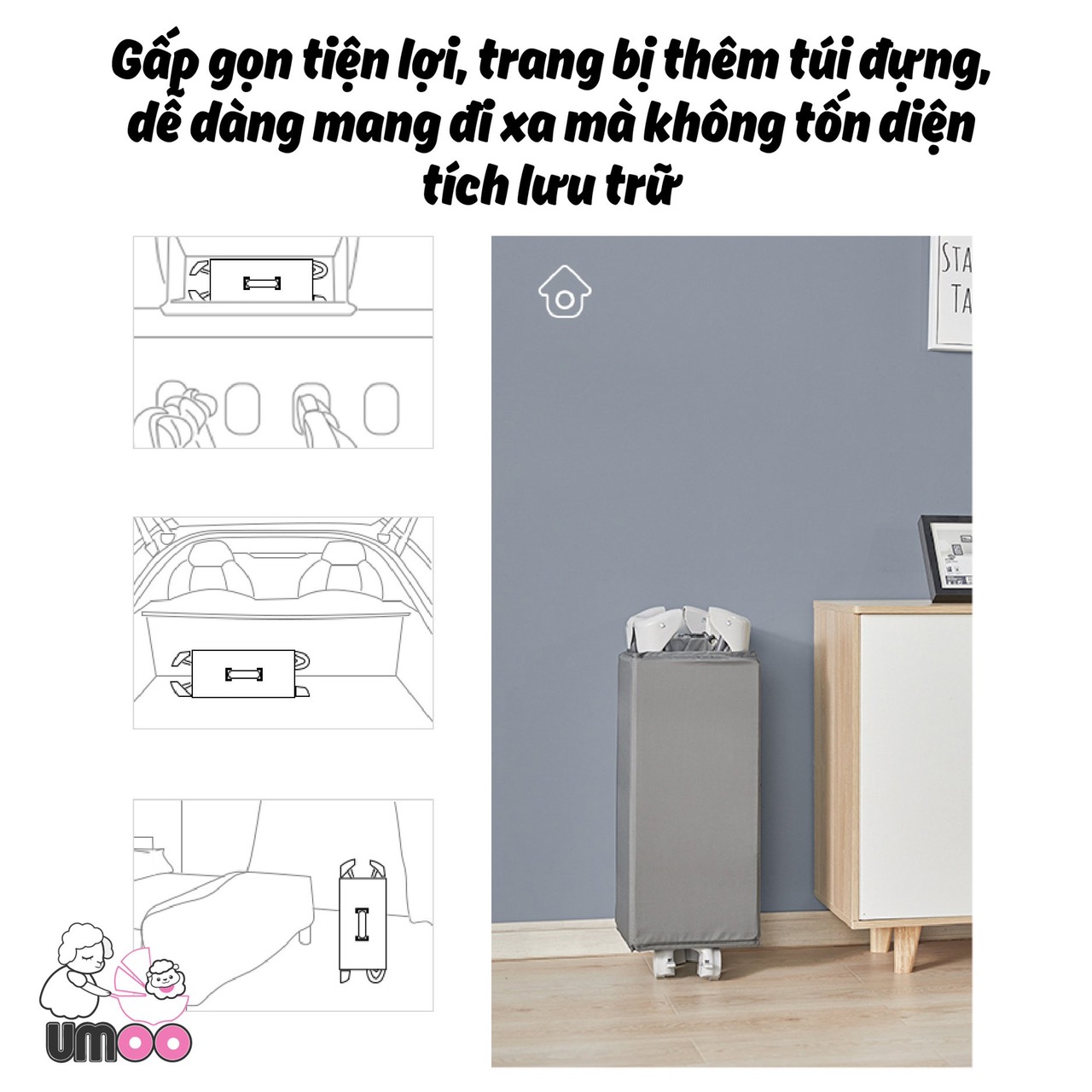 Nôi cũi vải gấp gọn đa năng umoo um-08108 chính hãng sang chảnh