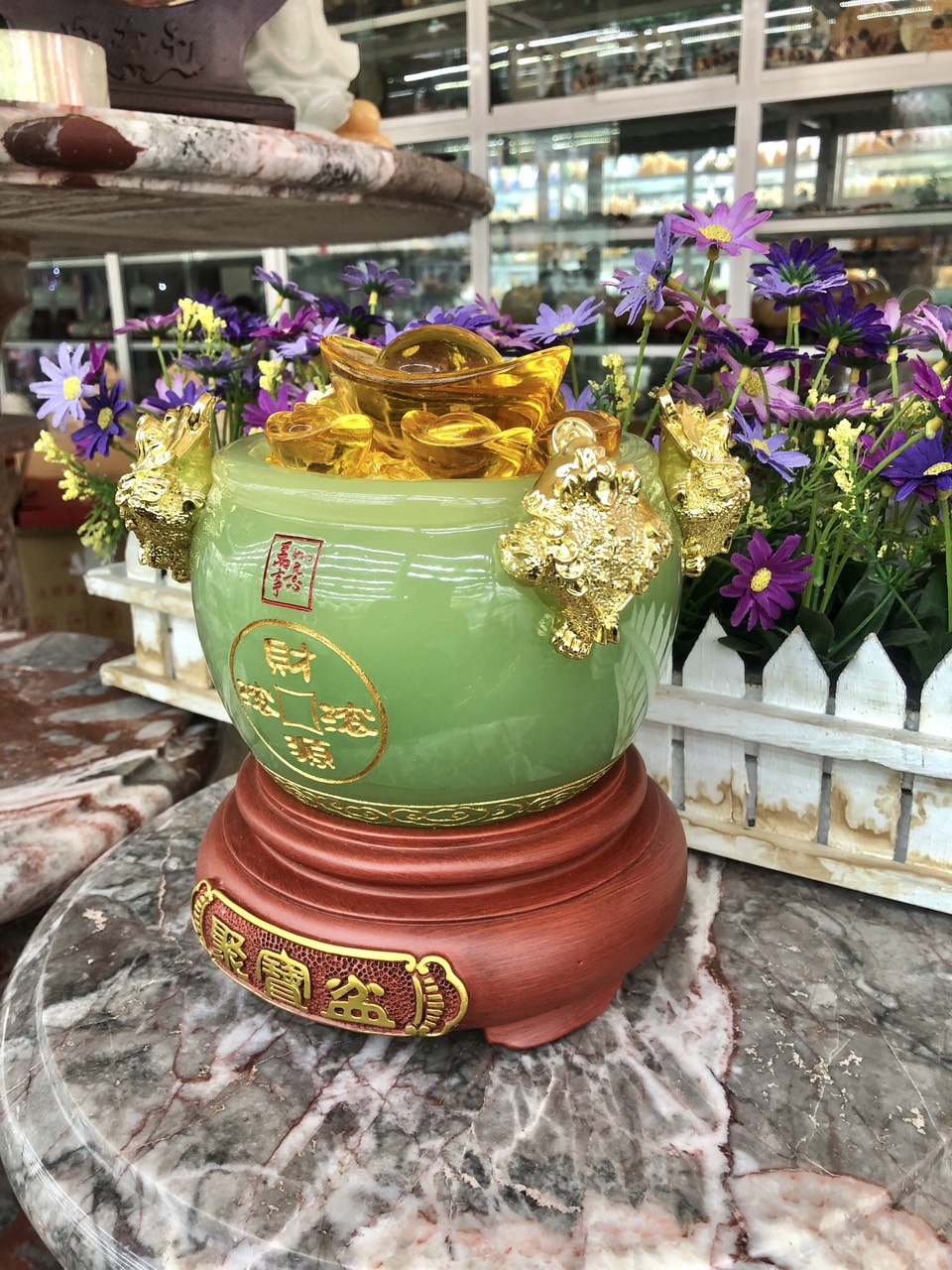 Bát vàng, Bát Tụ Tài, Bát Tụ Bảo đá ngọc cẩm thạch xanh Hút Tài, Hút Lộc, Chiêu tài nạp lộc - Cao 18 cm