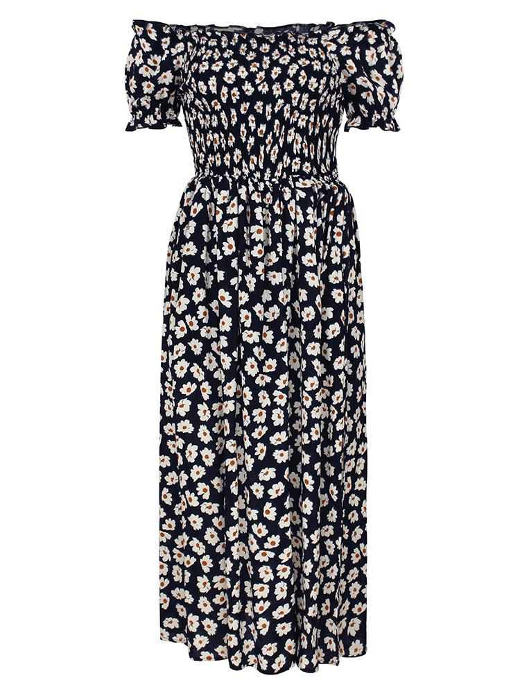 Fashion Women Summer Floral Print Dress Off Shoulder Short Sleeve Ruched Split Hem Bohemian Holiday Dress