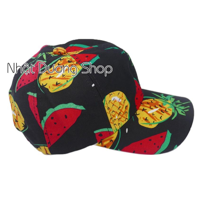 Nón kết đi biển, đi du lịch họa tiết Dưa hấu &amp; Thơm - Đen chất liệu vải Cotton thích hợp cho nam và nữ