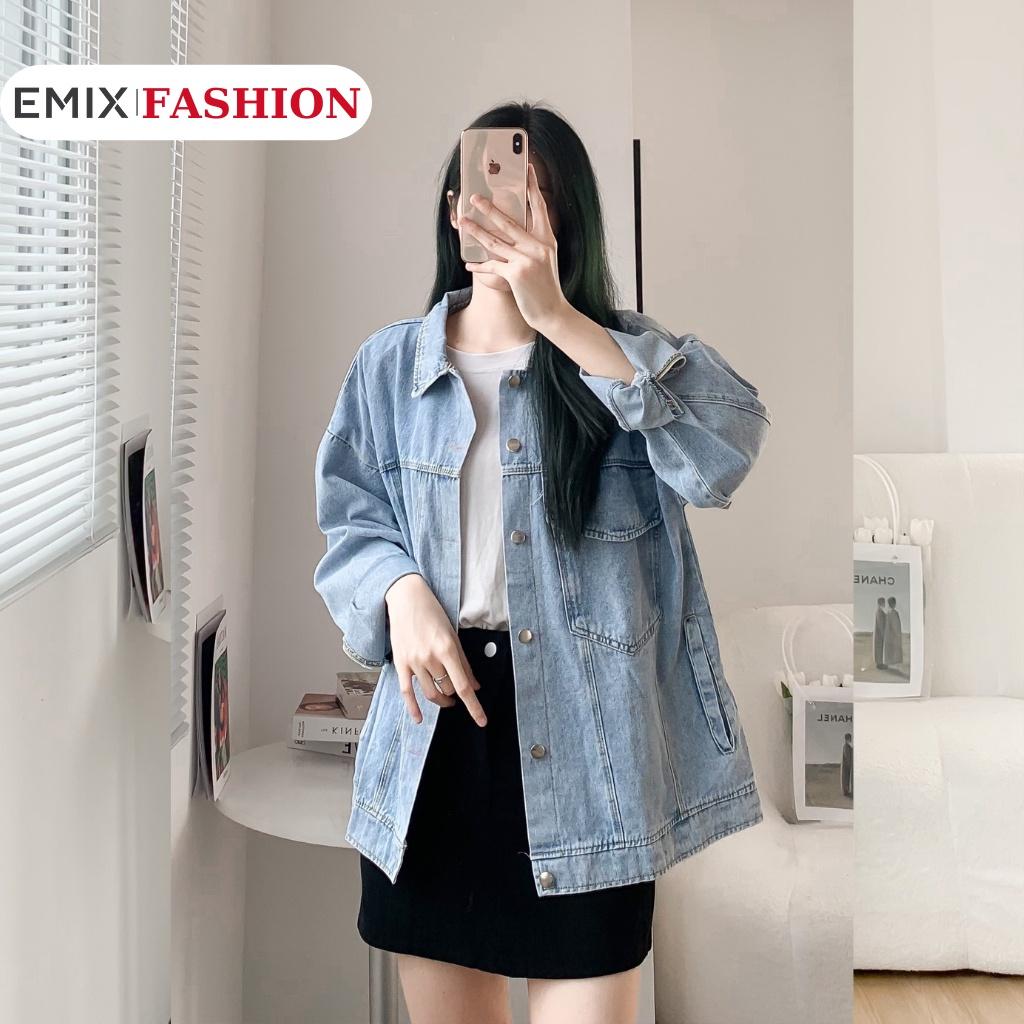 Áo khoác jeans EMIX form rộng, dáng dài, có khuy, túi trước, freesize dưới 60kg 1121