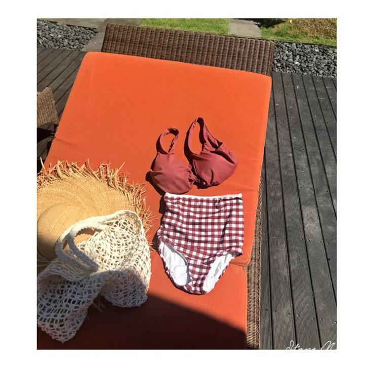 Bộ bikini đi biển cao cấp caro đỏ gạch