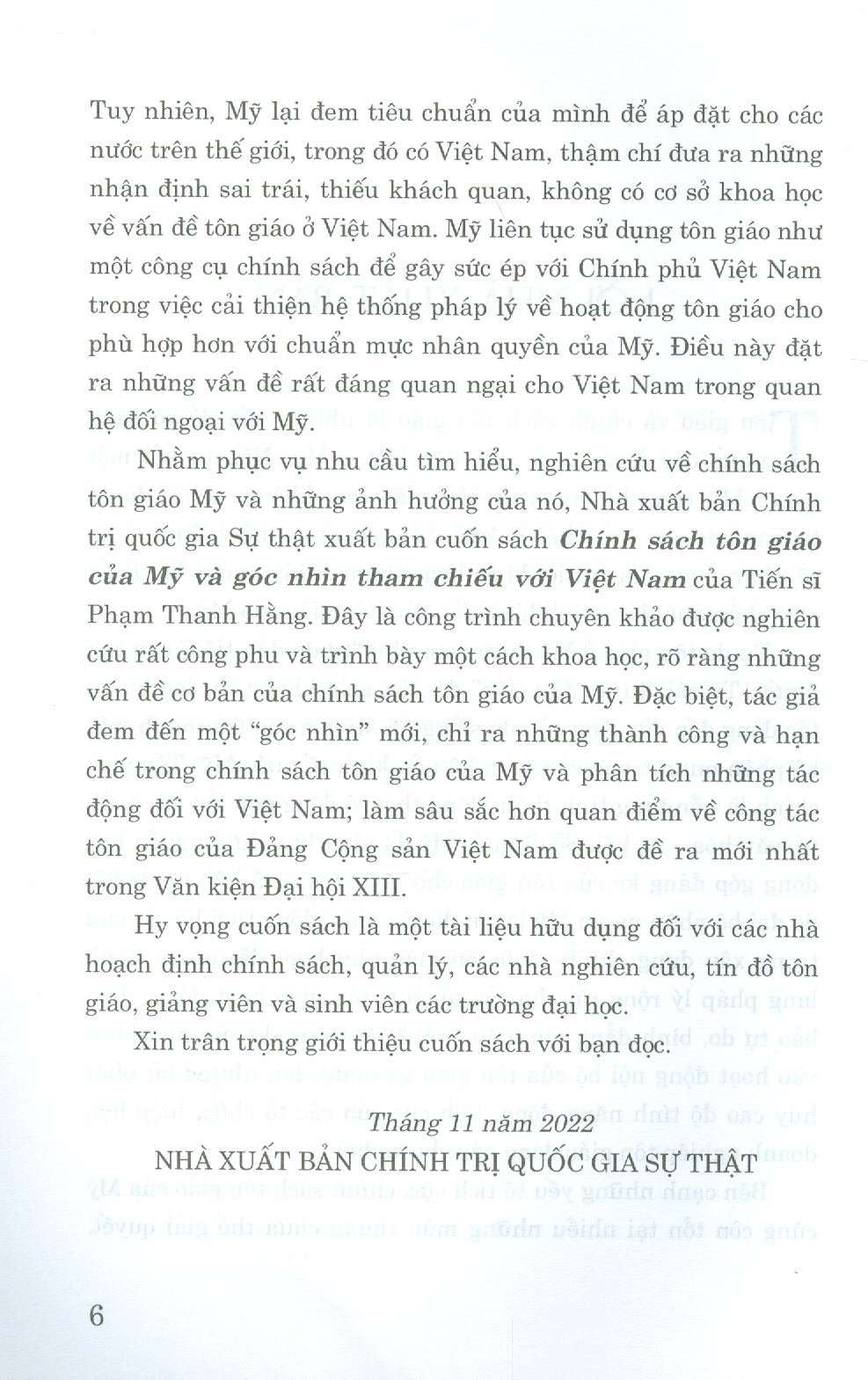 CHÍNH SÁCH TÔN GIÁO CỦA MỸ VÀ GÓC NHÌN THAM CHIẾU VỚI VIỆT NAM - Phạm Thanh Hằng - Nxb Chính trị Quốc gia Sự thật – bìa mềm