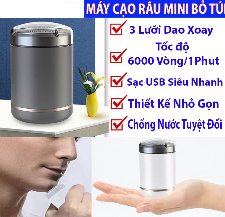 Hình ảnh Máy Cạo Râu Mini Bỏ Túi Cao Cấp, 3 Lưỡi Siêu Nhỏ Gọn Công Nghệ Nhật Bản, Siêu Bén, Siêu An Toàn, Công Suất Lớn