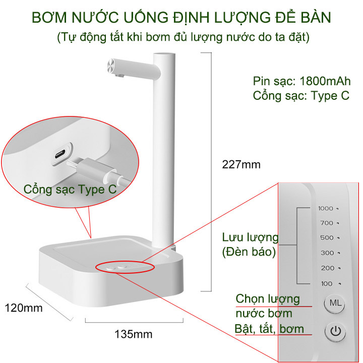 Bơm nước uống định lượng để bàn thông minh thế hệ mới, tự động tắt khi bơm đủ lượng nước do ta đặt