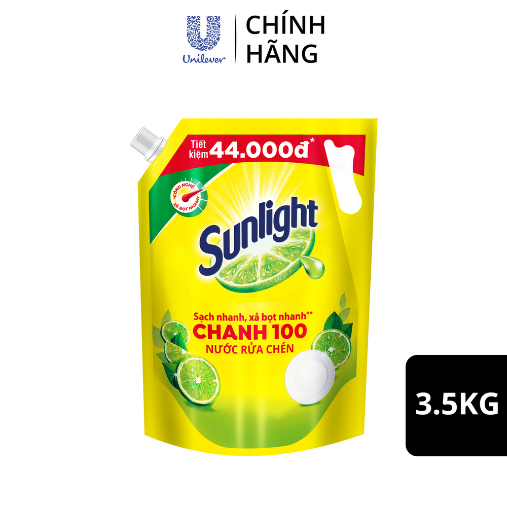 Nước Rửa Chén Bát Sunlight Chanh 100 Sạch Nhanh Xả Bọt Nhanh Rửa Sạch Dầu Mỡ - Túi 3.5KG