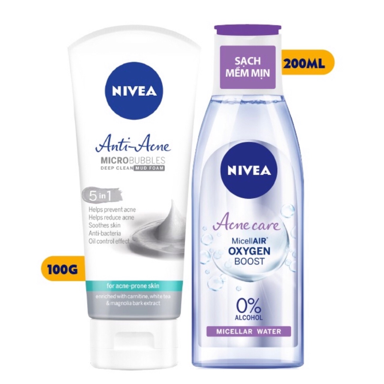 Bộ Đôi Làm Sạch NIVEA Anti Acne Ngừa Mụn (Sửa Rửa Mặt 100G + Nước Tẩy Trang Không Cồn 200ml )