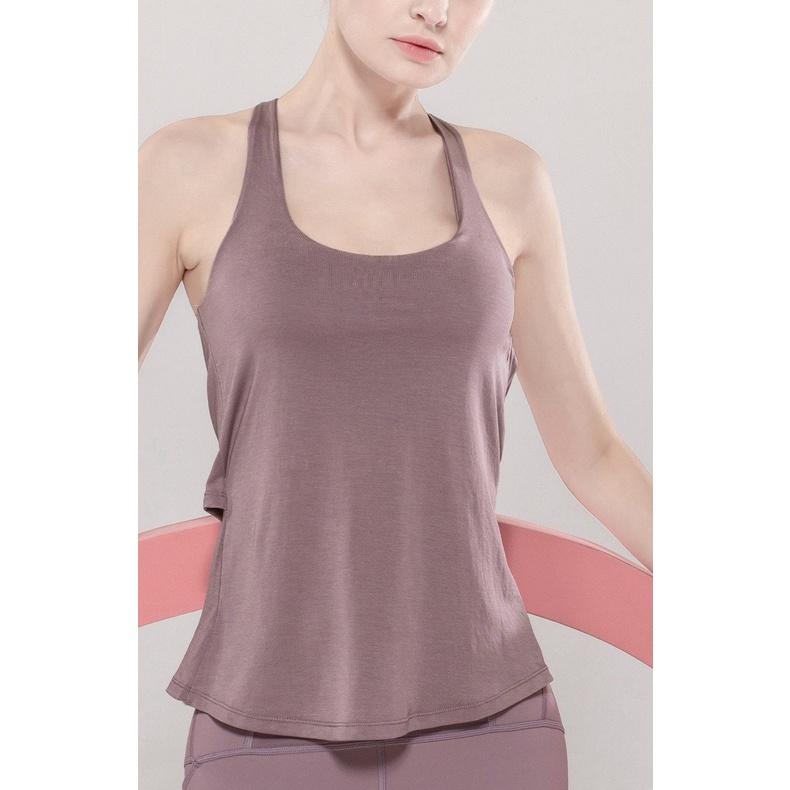 Áo tanktop mặc tập gym - tập yoga PYM SPORT - PYMTT009 liền bra đan dây lưng, 4 màu đen, cam đất, đỏ mận, tím