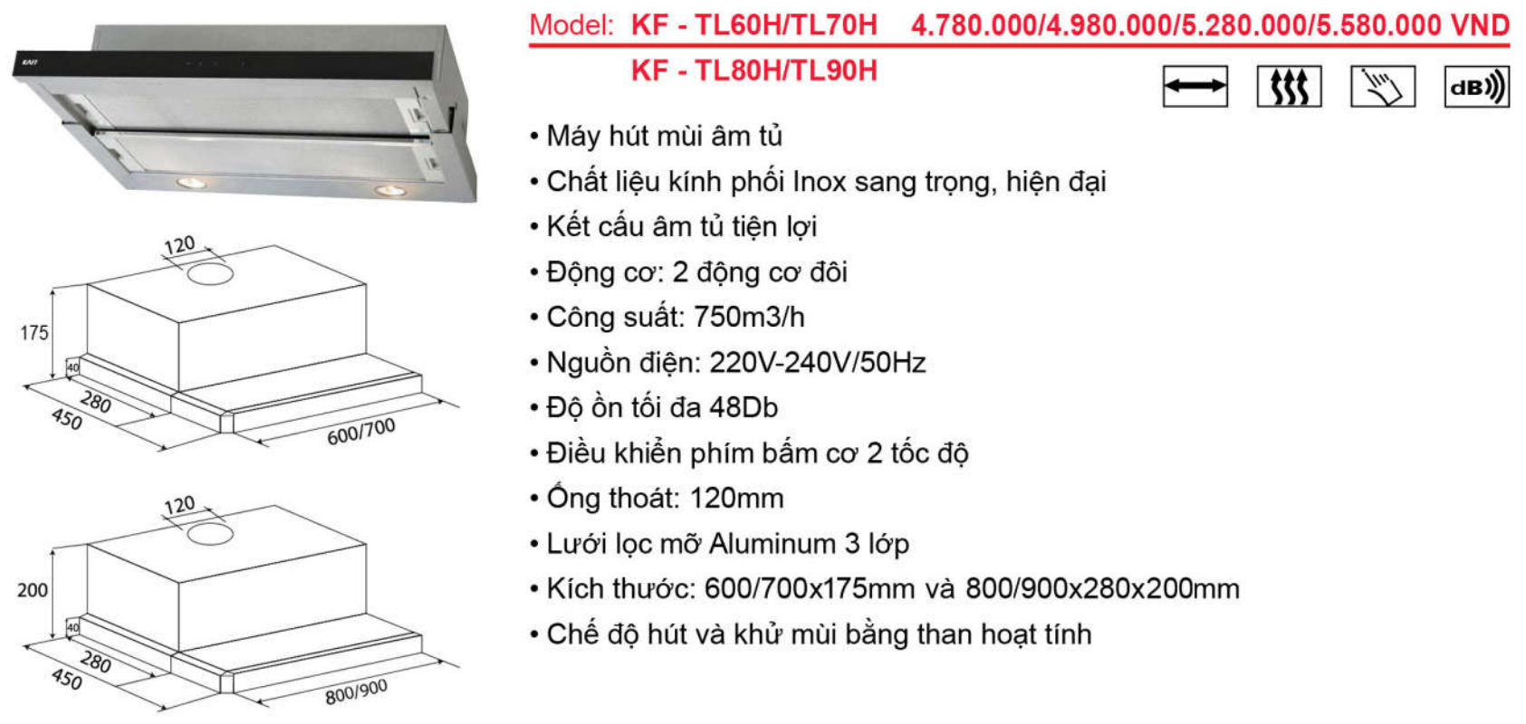 Máy hút khói, khử mùi âm tủ KAFF KF-TL700/KF-TL70H - Sản phẩm chính hãng