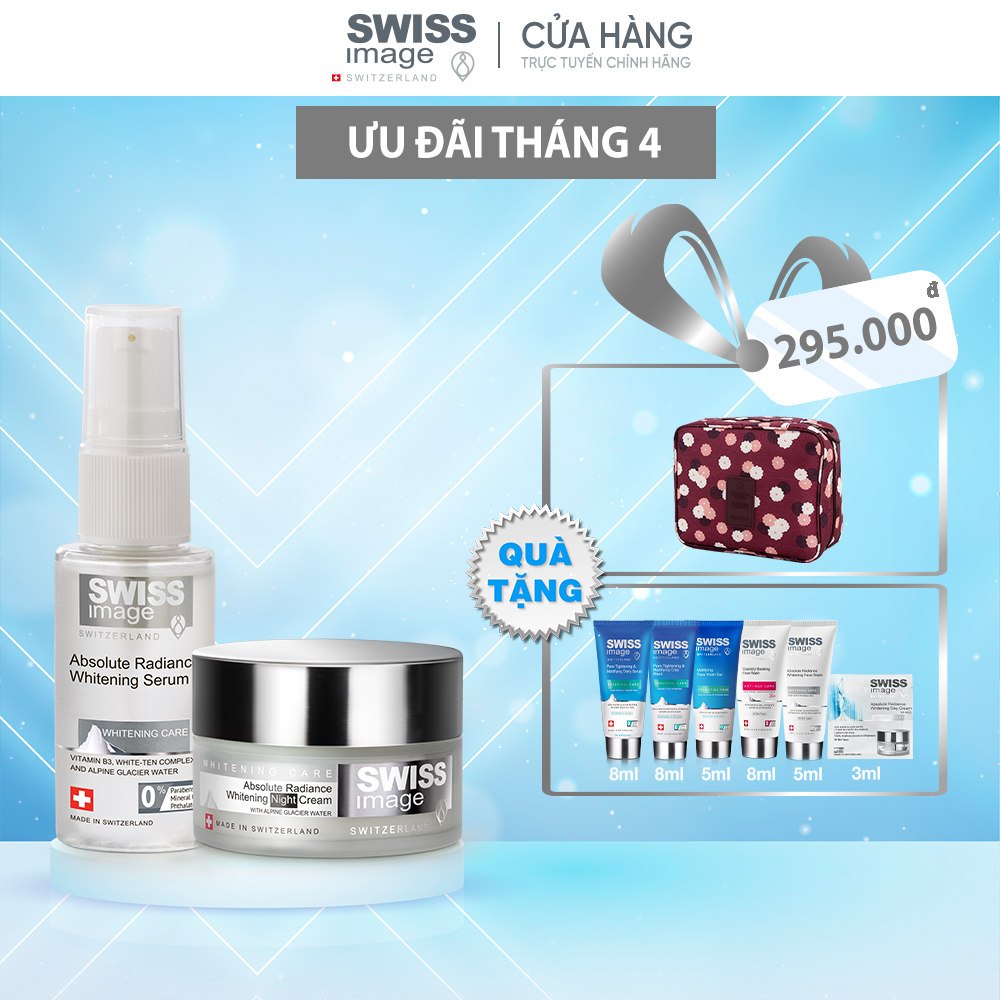 Bộ đôi dưỡng trắng da Swiss Image tinh chất và kem dưỡng trắng da ban đêm hỗ trợ giảm tàn nhang phục hồi da xỉn màu