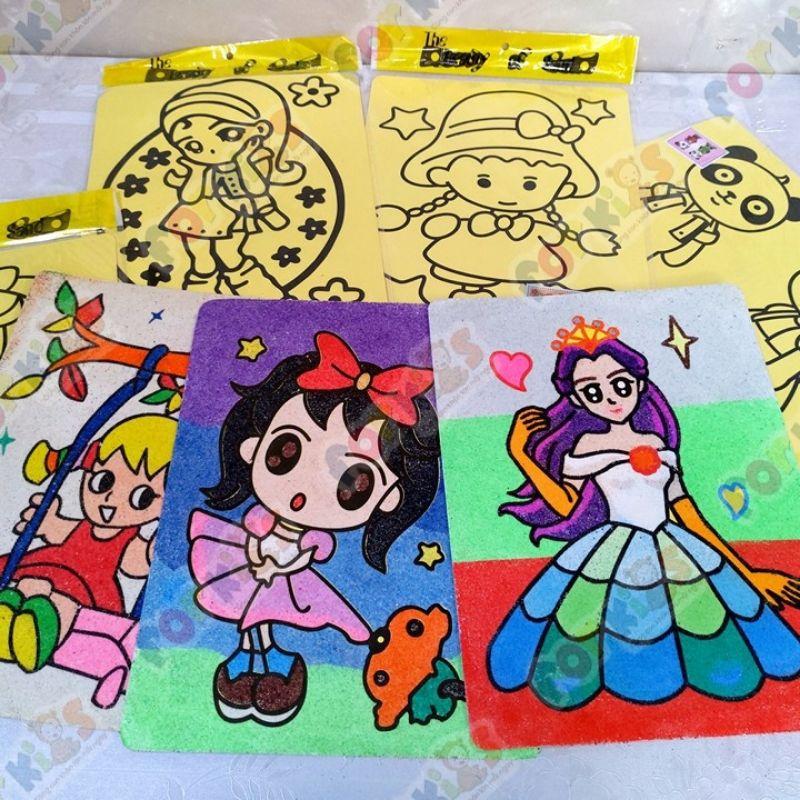 Tranh cát combo 10 tranh tô màu khổ lớn A5 cho bé, tặng kèm cát loại đẹp, Đồ chơi thông minh học vẽ