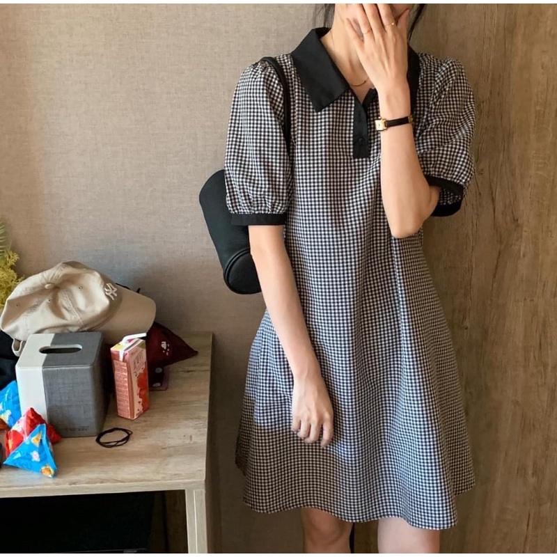 Đầm công sở trẻ trung sọc caro cổ sơ mi, váy dự tiệc phong cách Hàn Quốc chất liệu mềm mịn cao cấp