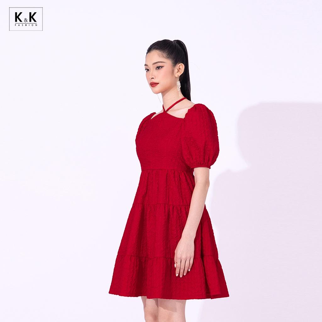 Đầm Xòe Đỏ Dự Tiệc Tay Phồng Cổ Chéo Dây K&amp;K Fashion KK119-40 Chất Liệu Xốp 3D