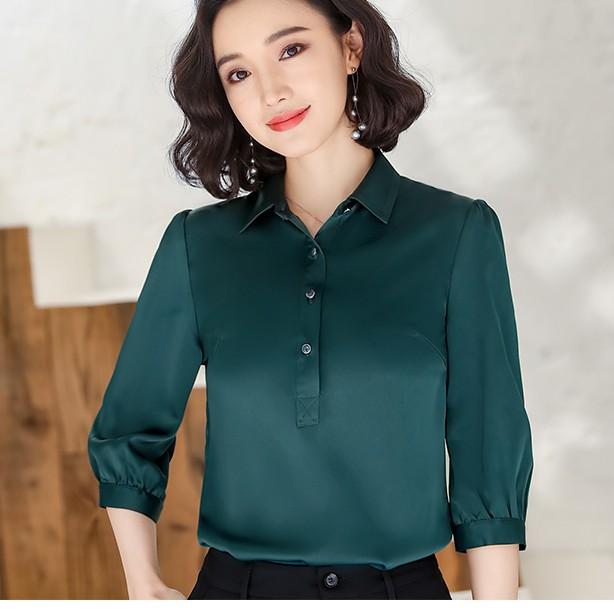 Áo sơ mi nữ công sở cổ sơ mi 5 khuy ngực, chất phi lụa mềm mát, thời trang trẻ, phong cách Hàn Quốc