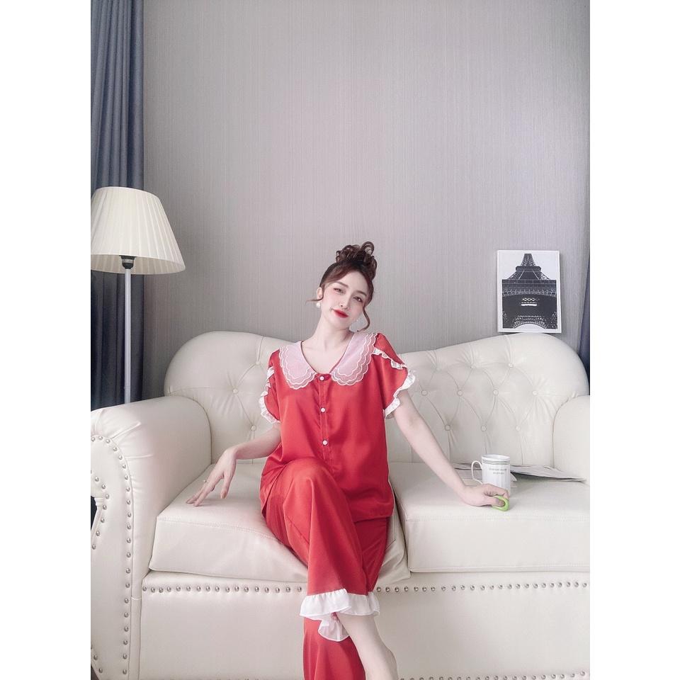 Đồ bộ lụa satin cai cấp cổ 3 lá phối ren tay ngắn quần dài dễ thương đồ ngủ lụa satin có tay freesize