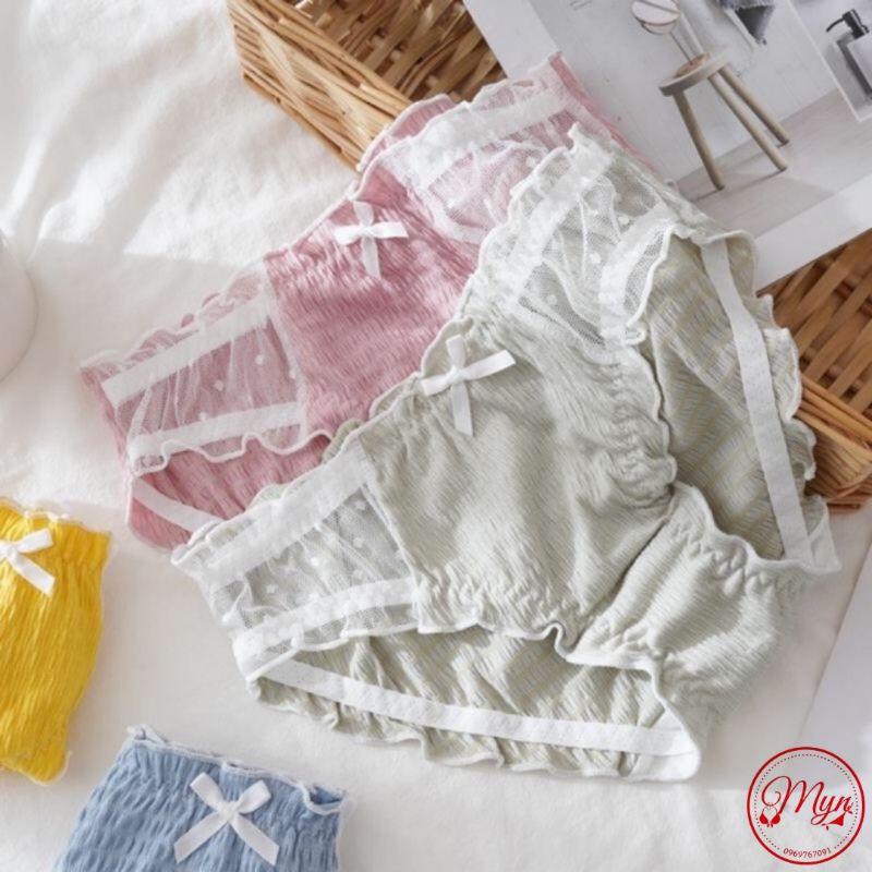 QUẦN LÓT COTTON SỢI BÔNG BÈO NHÚN PHA REN ĐÍNH NƠ