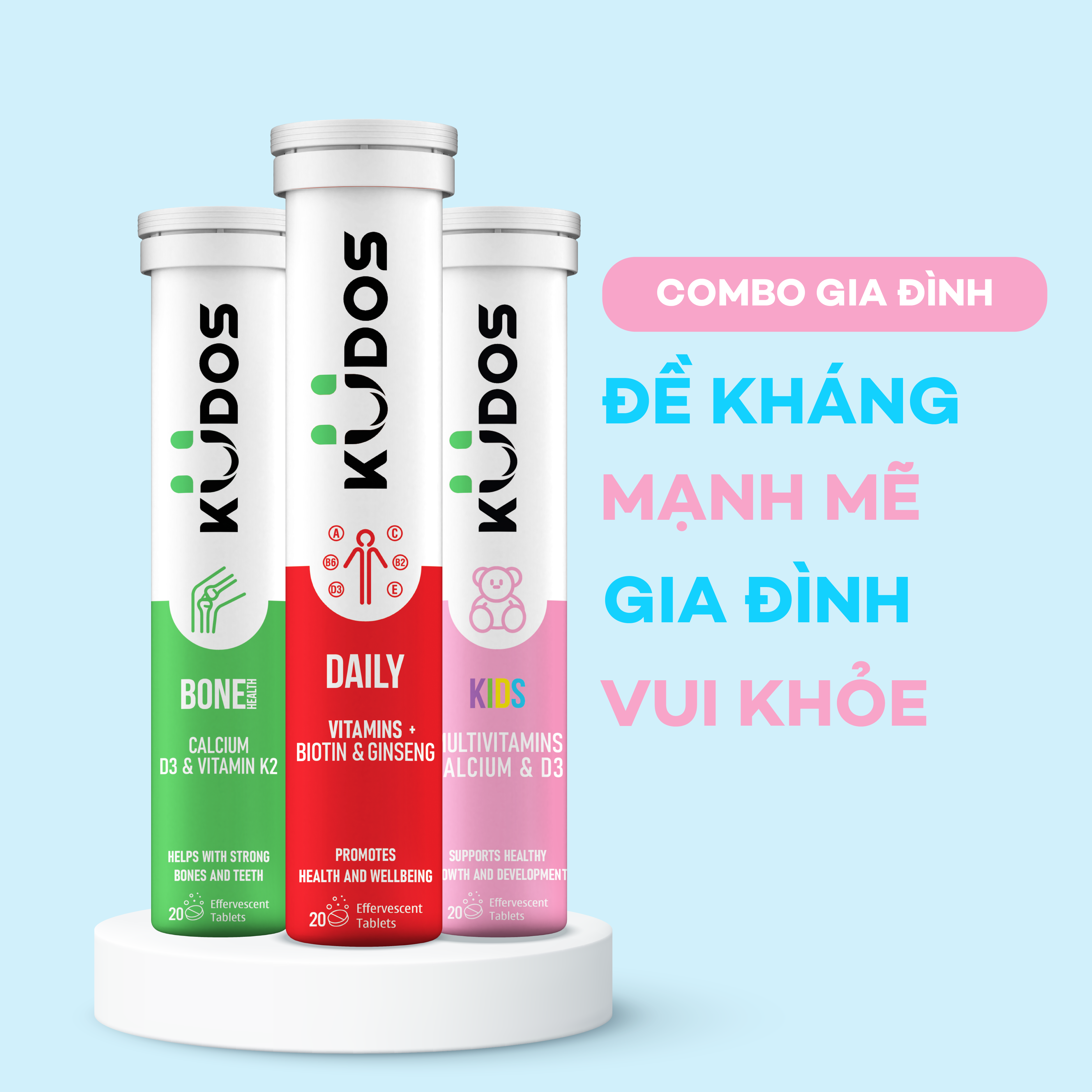 Combo Gia Đình - Viên Sủi Vitamin Canxi & D3 KUDOS KIDS + Viên Sủi KUDOS BONE + Viên Sủi KUDOS DAILY
