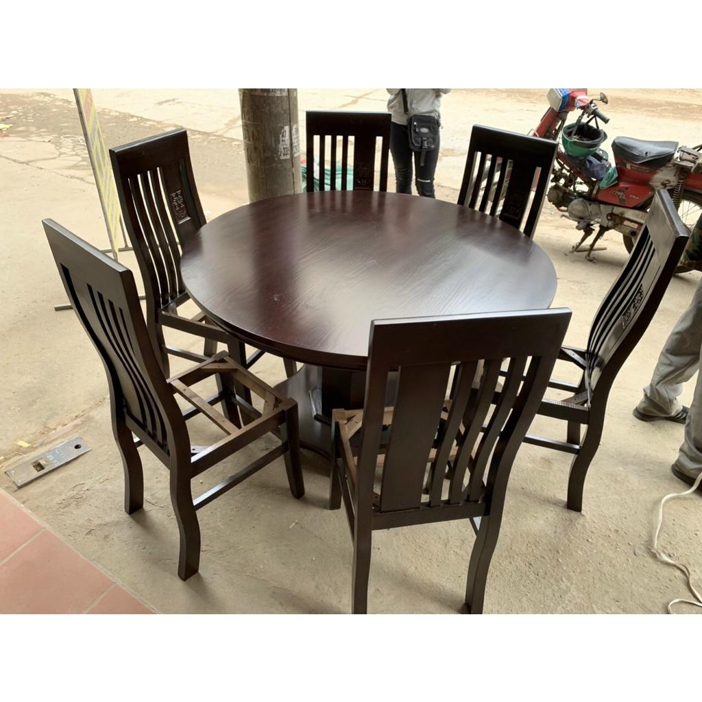 Bàn ăn tròn 6 ghế màu óc chó gỗ sồi
