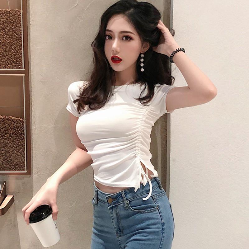 Áo thun tay ngắn cổ tròn dây rút cho nữ