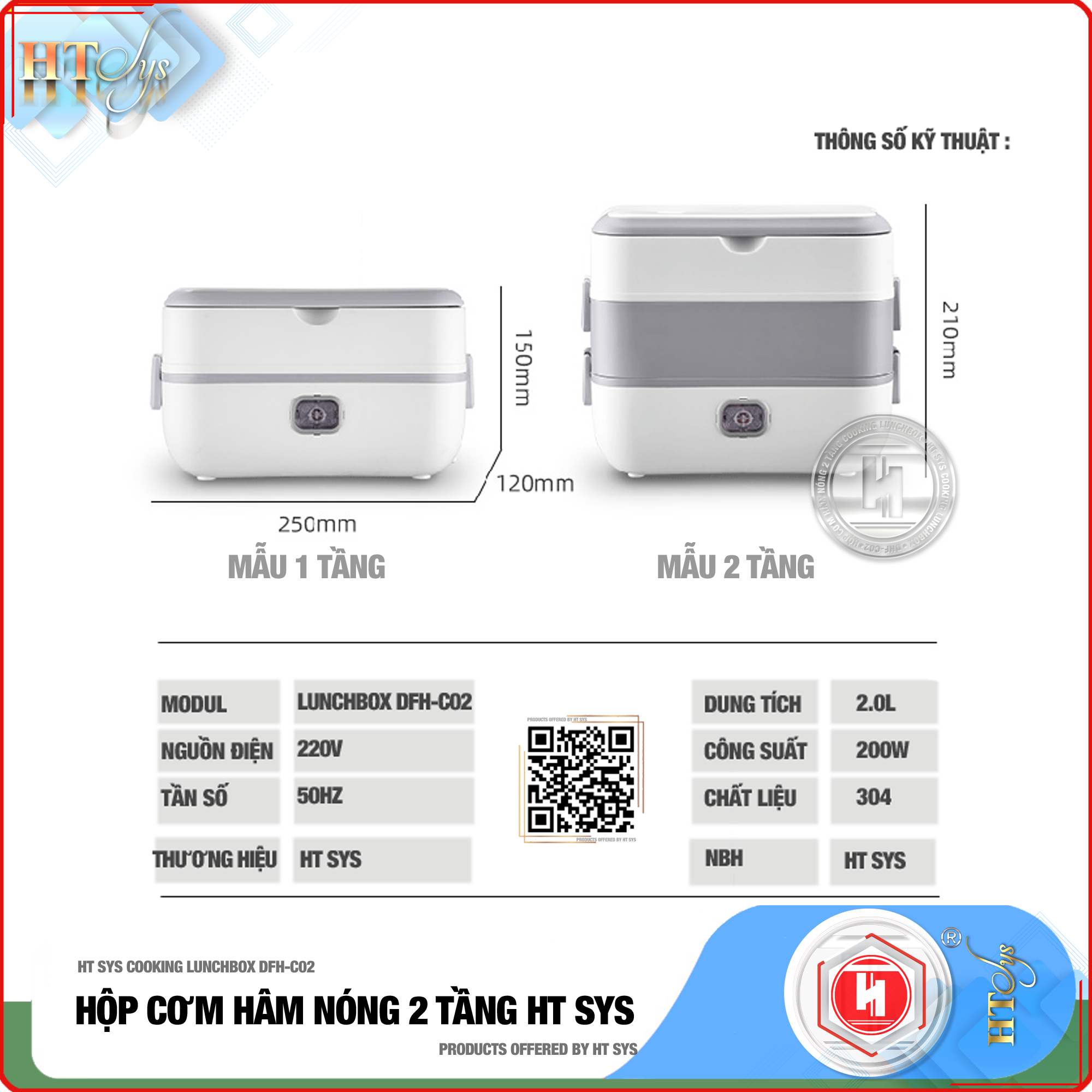 Hộp cơm văn phòng hâm nóng cắm điện HT SYS ● COOKING LUNCHBOX-DFH C02 ● Hộp Cơm Cắm Điện Có Thể Nấu Chín Và Hâm Nóng Thức Ăn  ● Ruột Bằng Inox SUS304 Cao Cấp (200W,2 lít,4 Ngăn) ● Hàng Chính Hãng