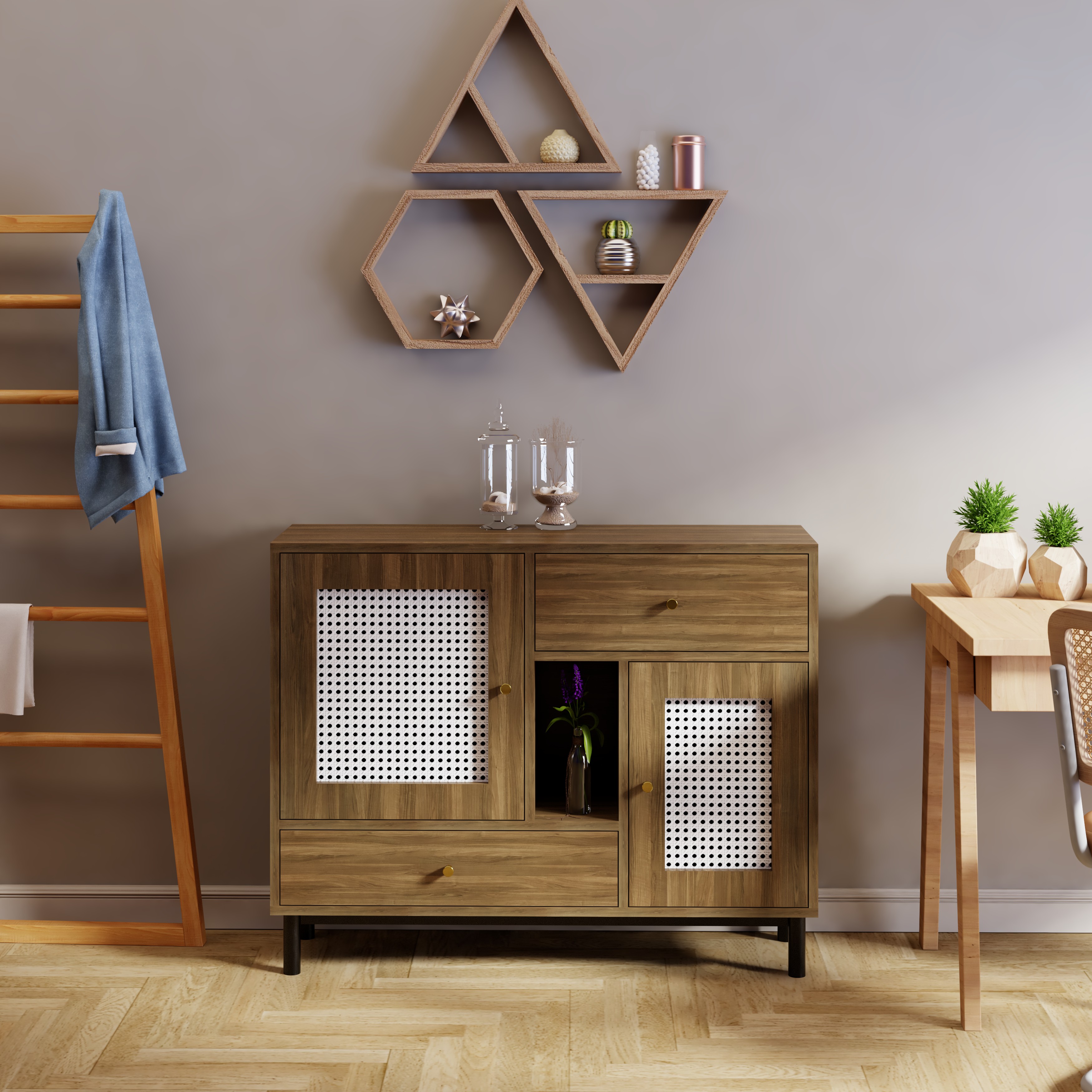 [Happy Home Furniture] ROTAN, Tủ lưu trữ 2 ngăn kéo 2 cửa mở - chân sắt, 100cm x 30cm x 80cm ( DxRxC), TCM_132