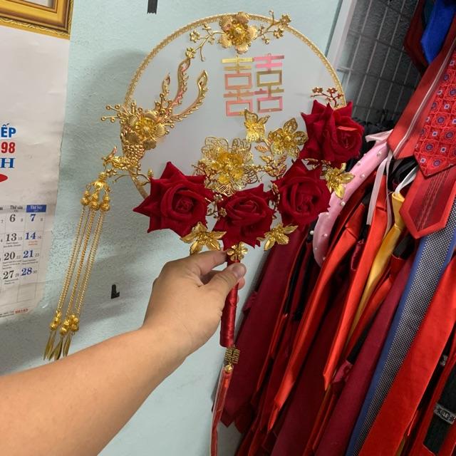 Quạt tròn cổ trang - phụ kiện cưới Giang - quạt tròn đính chữ hỷ