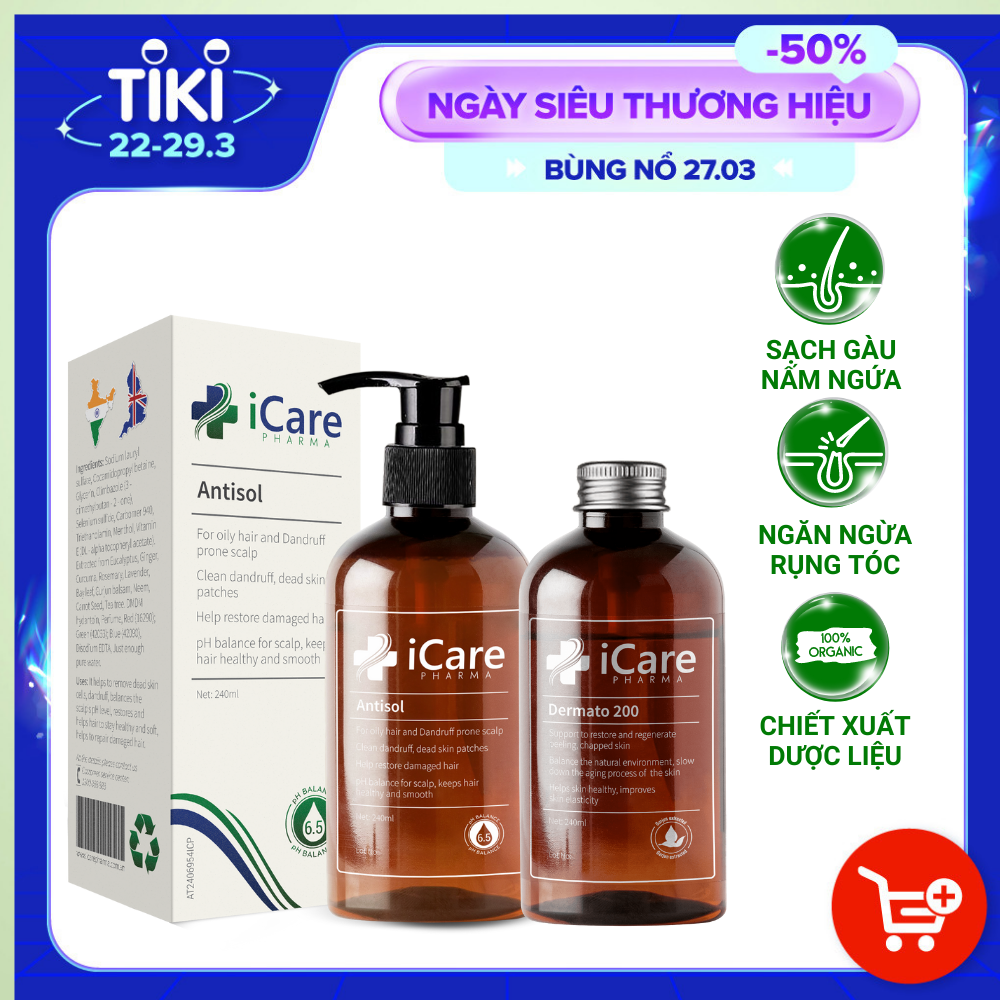 Combo Phục Hồi Tóc Hư Tổn, Ngăn Ngừa Rụng Tóc - Bộ Đôi Chăm Sóc Hoàn Hảo Dermato 200 &amp; Antisol | Thương Hiệu iCare Pharma