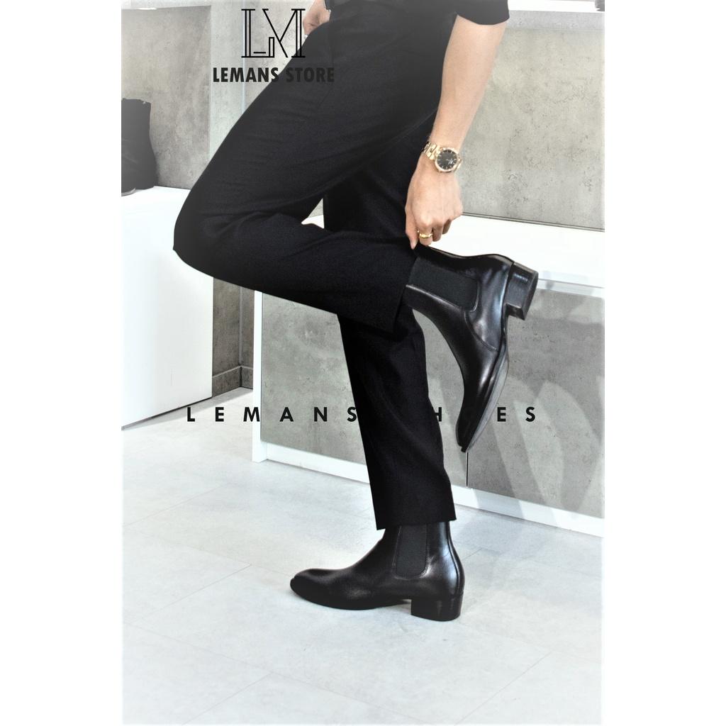 Giày Chelsea Boots LeMans CB04 da bò nhập khẩu mũi nhọn, tăng cao 5cm, bảo hành 24 tháng, boot nam